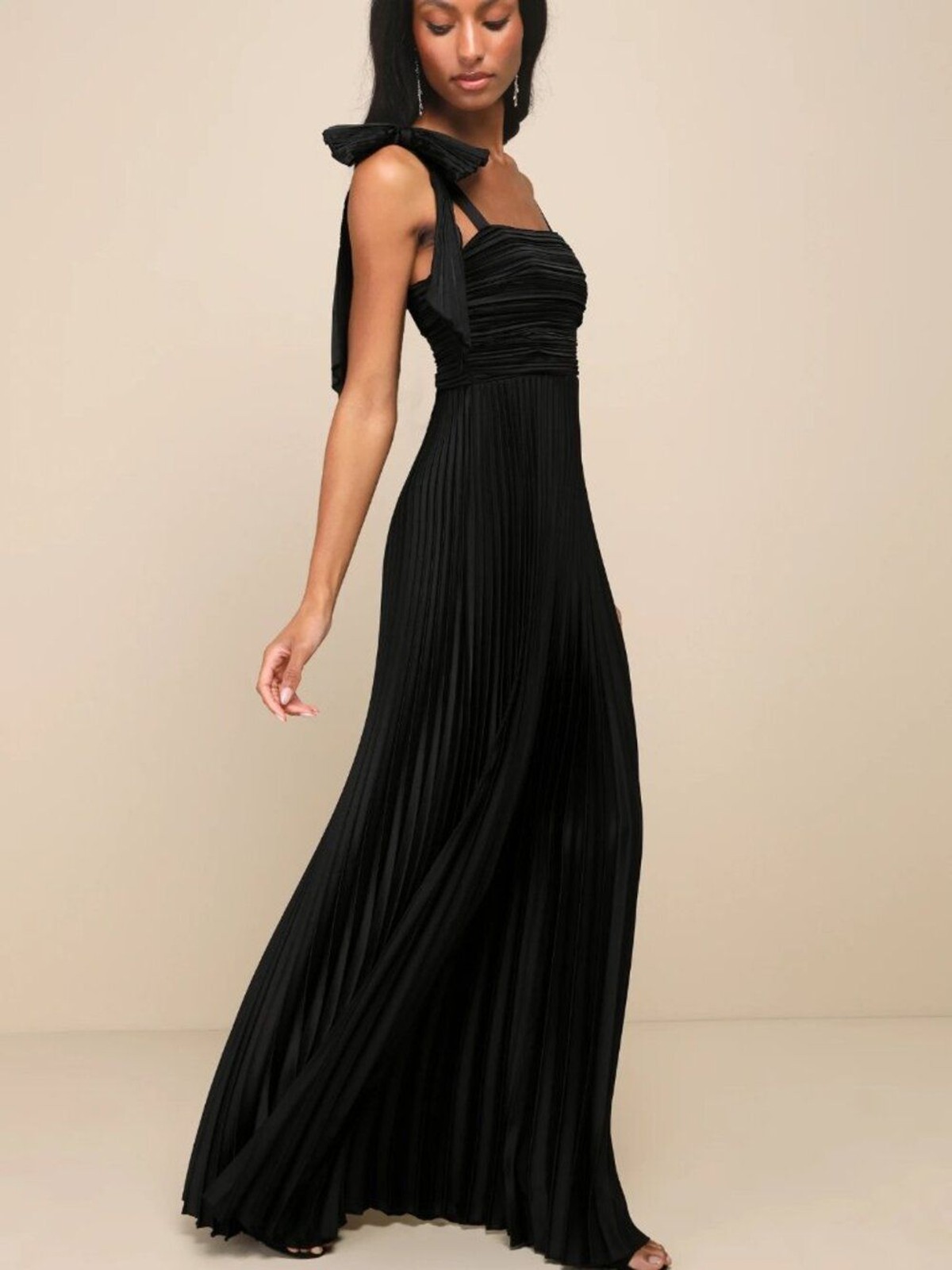 NWT Lulus Stunning Black Satin Pleated Bow Maxi Dress L