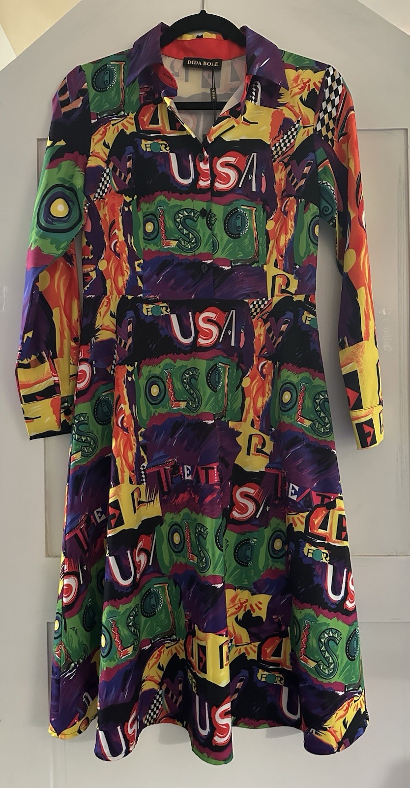 Dida Bole Pop Art Graphic Dress USA Print Retro 90s Y2K Shirt Dress S 6
