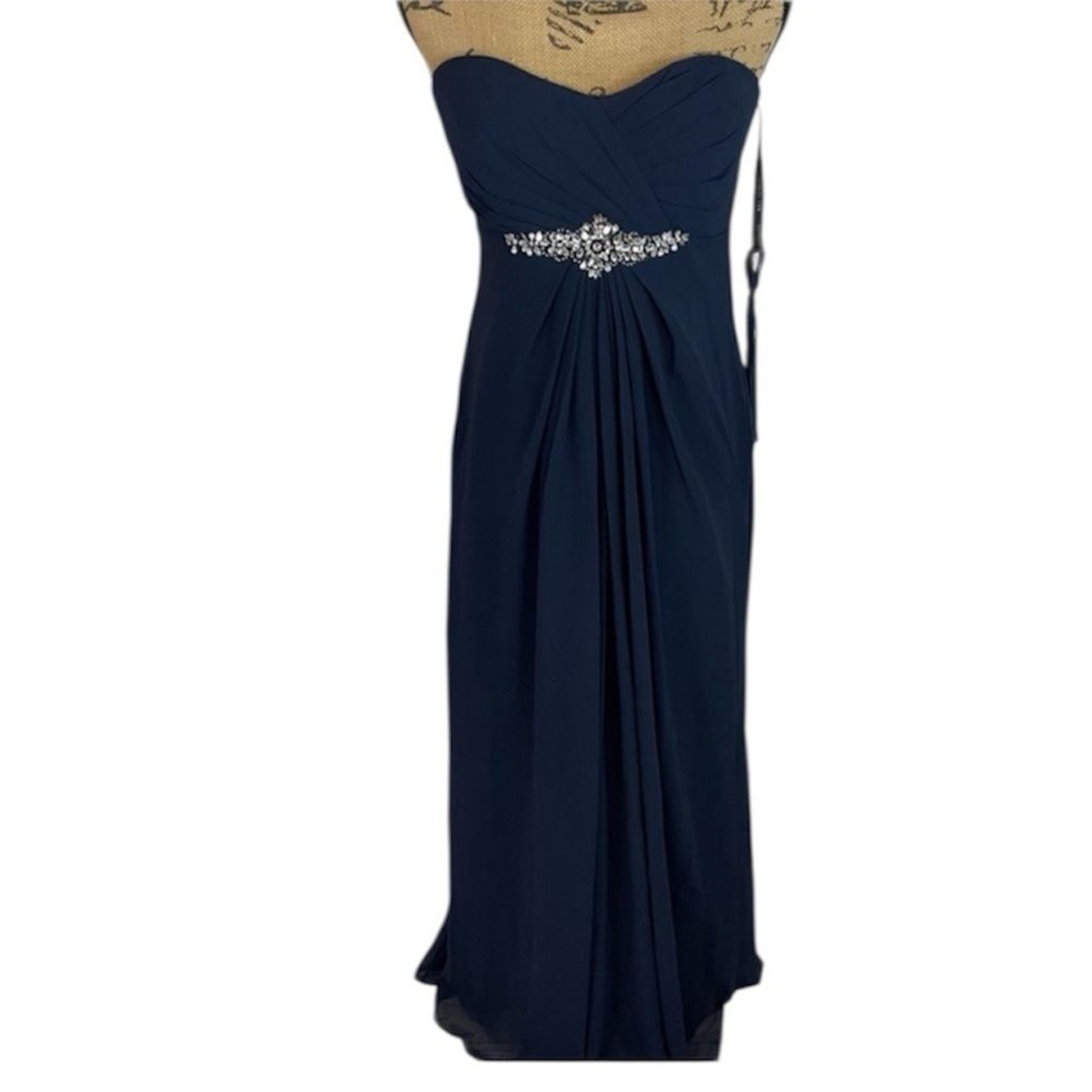 Bill Levkoff Strapless Chiffon With Straps Gown Navy Blue And Rhinestone Waist