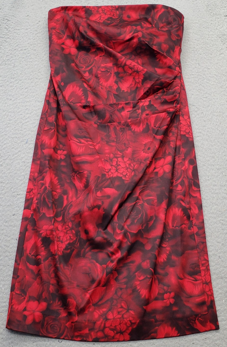 Ann Taylor Strapless Dress Womens 0 Black Red Floral Stretch Pleated Side Zip