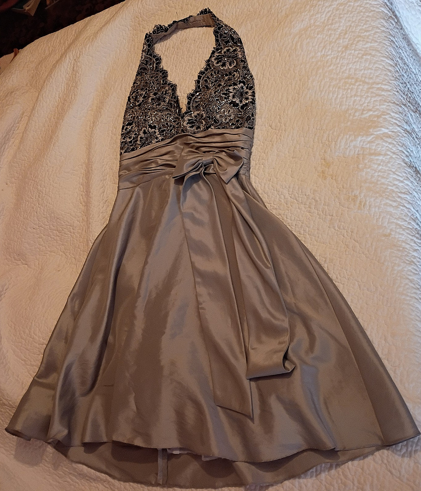 JS Boutique prom dress, silver & black, woman’s 10, halter neck, knee length