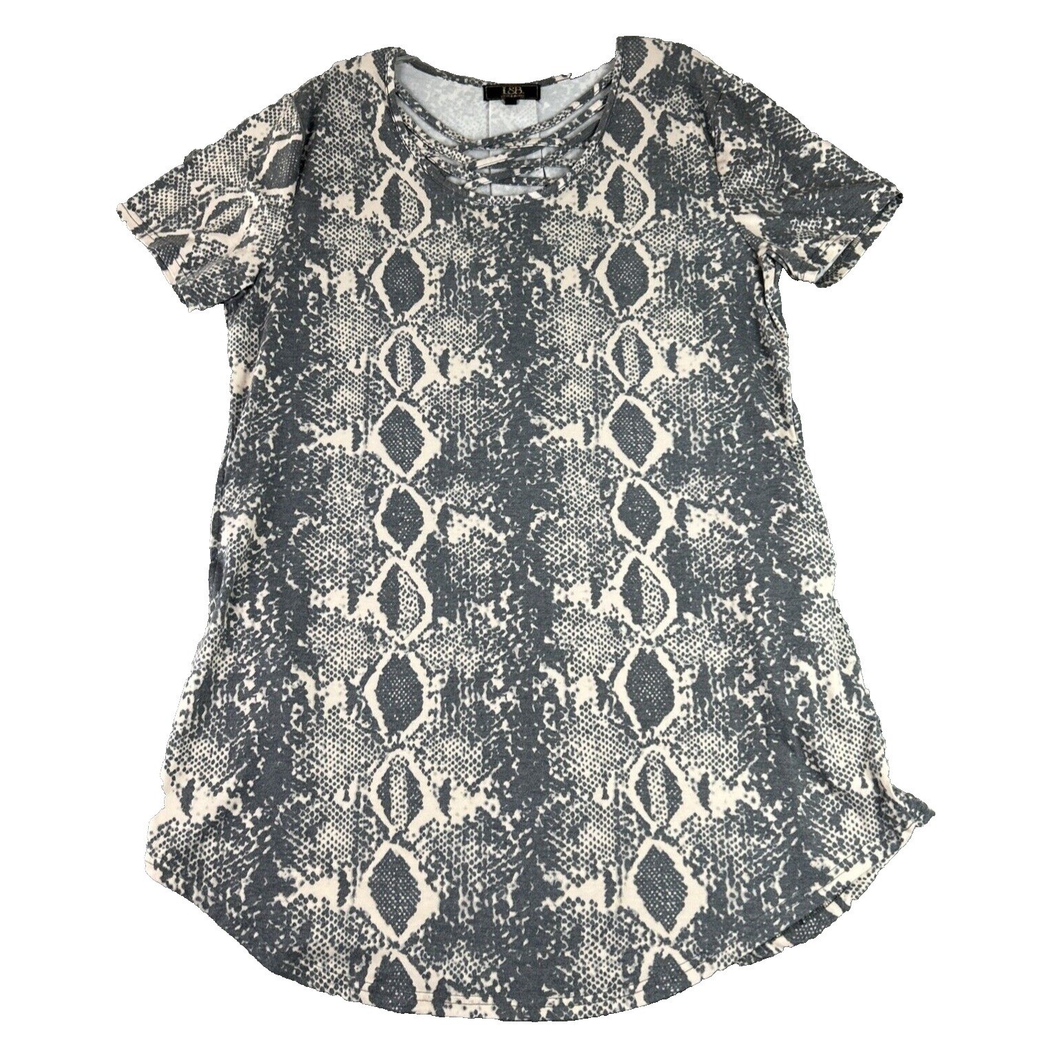 L&B Lucky & Blessed Large Gray Tan Snakeskin Swing Dress Short Sleeve Boho