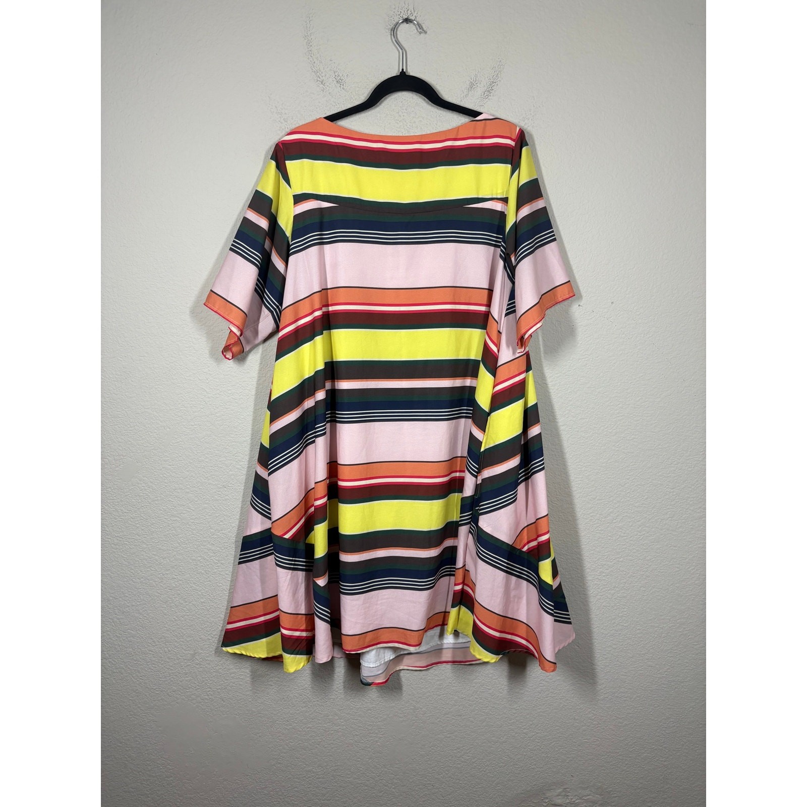 eShakti Striped Swing Dress Mini Yellow Brown Boat Neck Short Sleeves