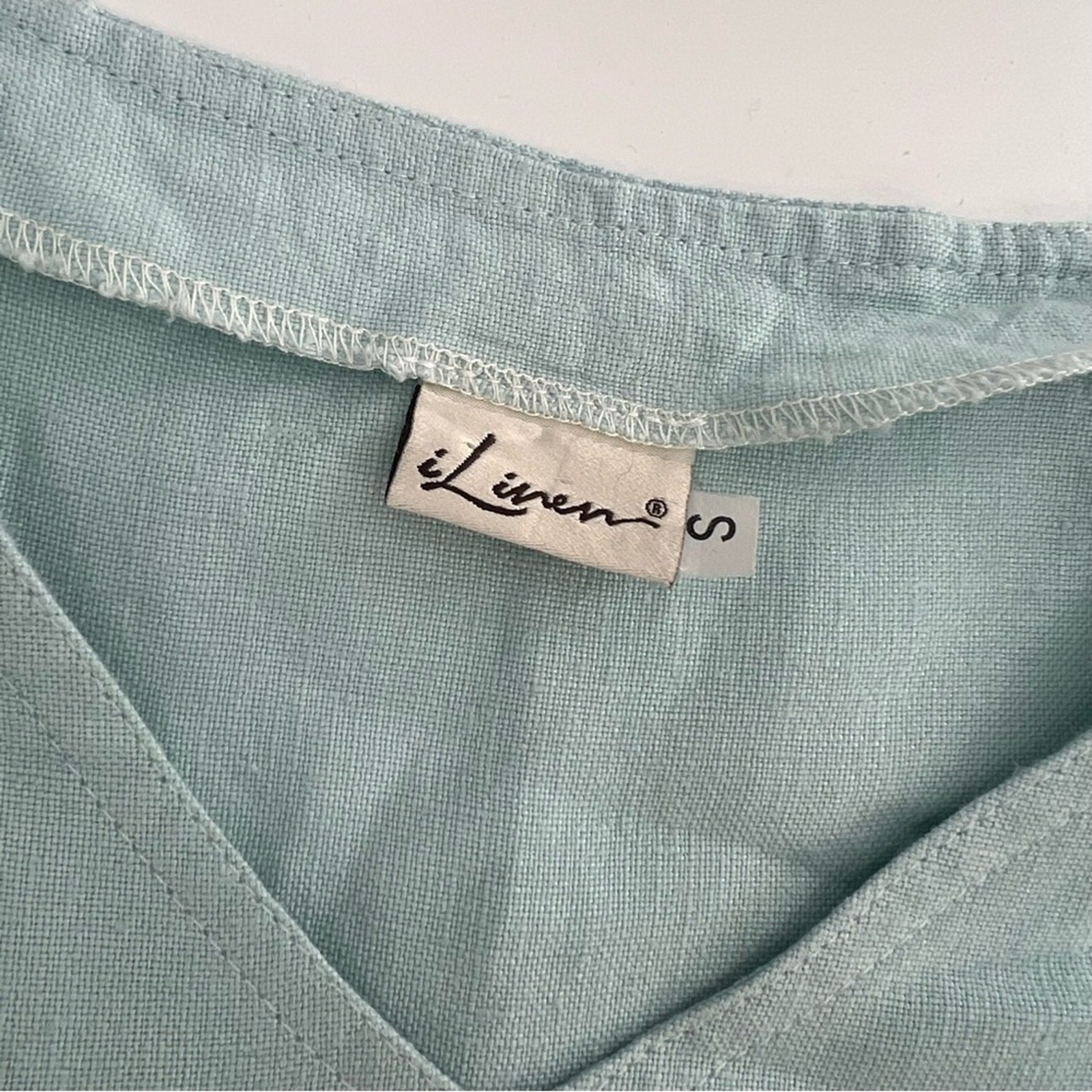 iLinen colorblock light blue tan shift dress with pockets sz S