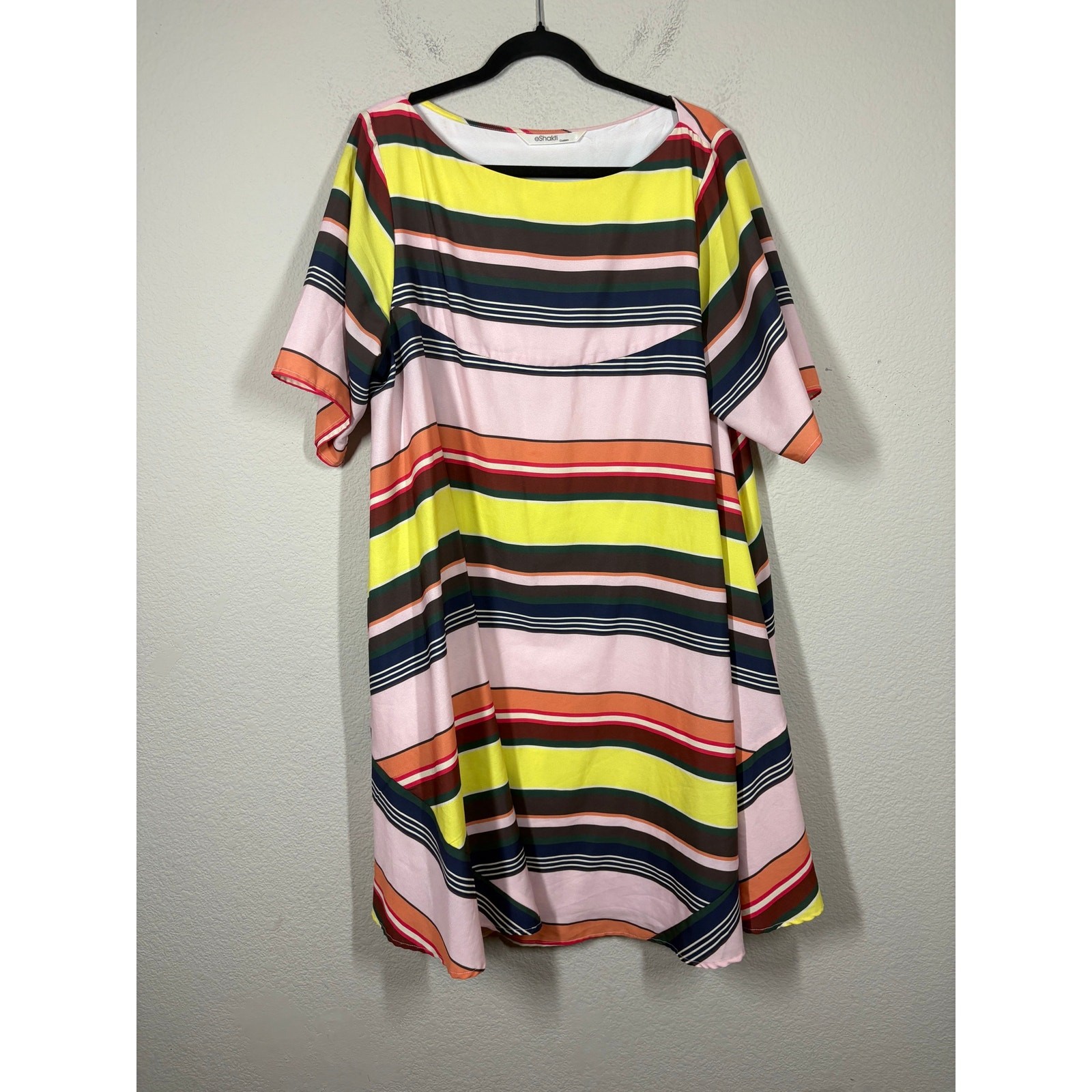 eShakti Striped Swing Dress Mini Yellow Brown Boat Neck Short Sleeves