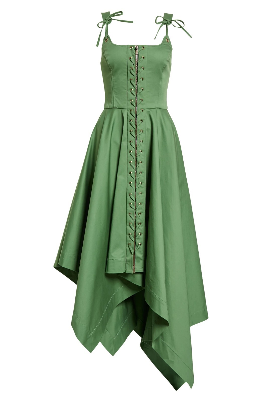 MONSE Laced Front Asymmetric Stretch Cotton Midi Dress Green Sz 10 Org $1,290