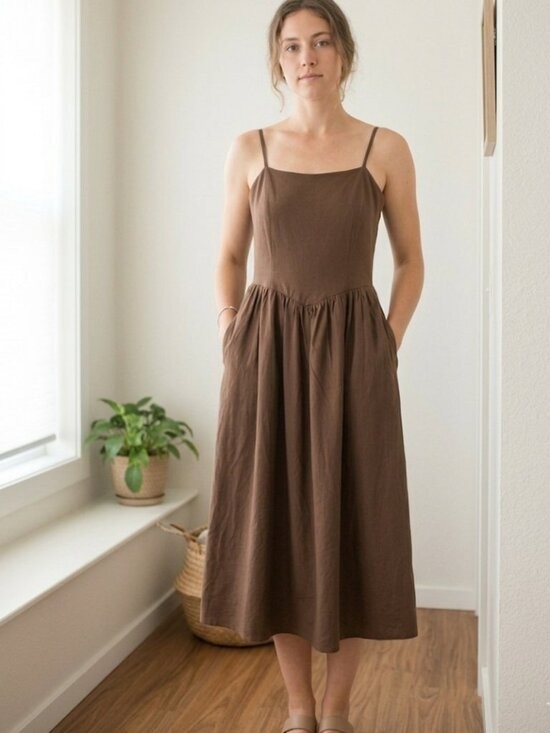 THIRTY THIRTY Brown Midi Dress Size S NWT Drop Waist Spaghetti Strap Sun Small