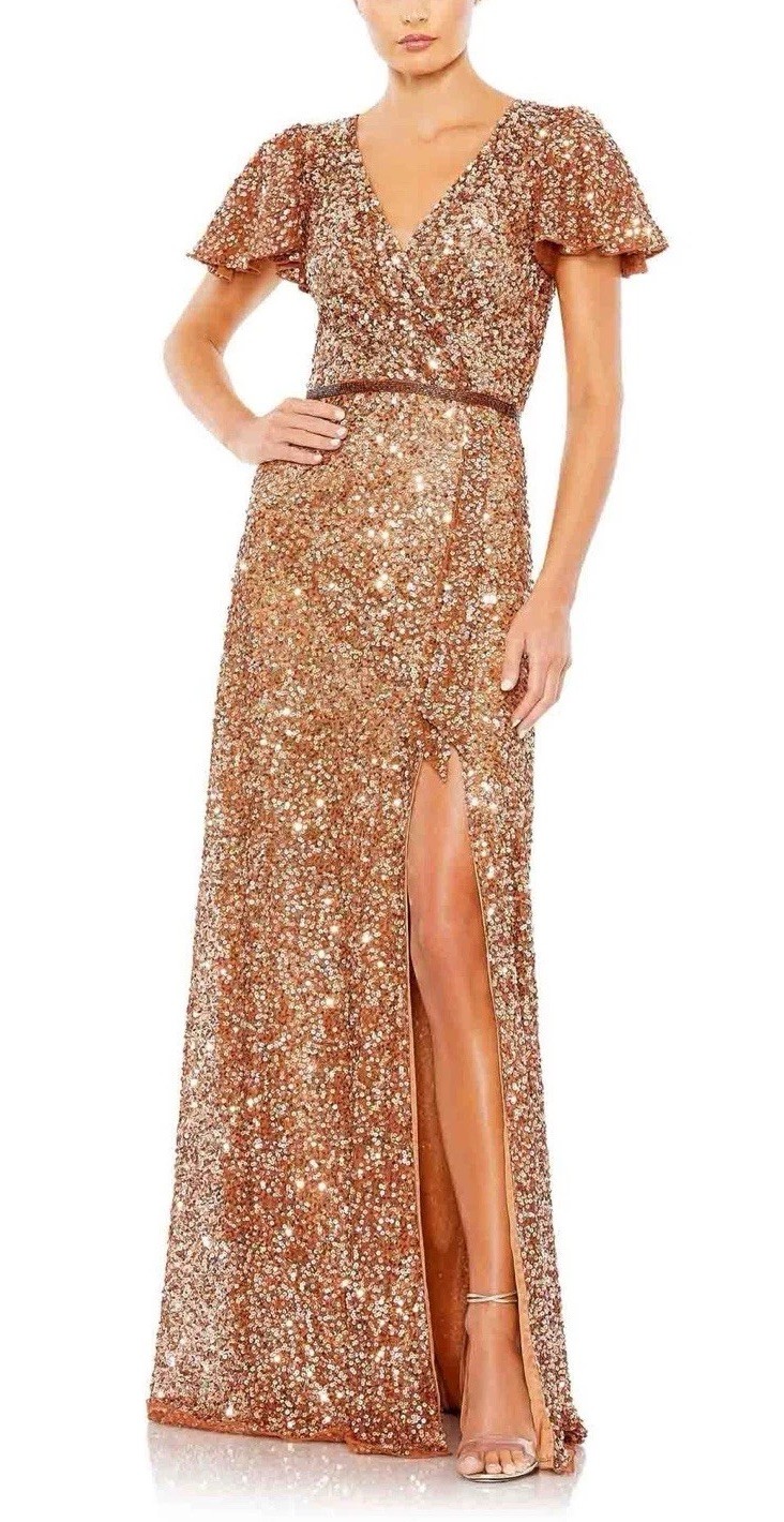 Mac Duggal Copper Sequined Wrap Over Butterfly Sleeve Gown 5540 Size 14 NWT