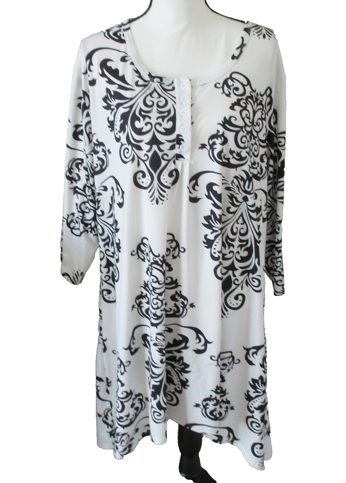 Naggoo 3/4 Sleeve Henley 3X Dress Bold Black/White Damask Paisley Pattern Soft