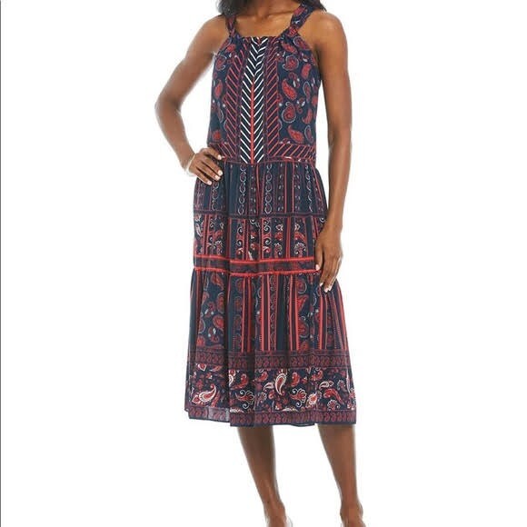 Gibson & Latimer NWOT Navy blue red white sleeveless Tiered BOHO Midi Dress M
