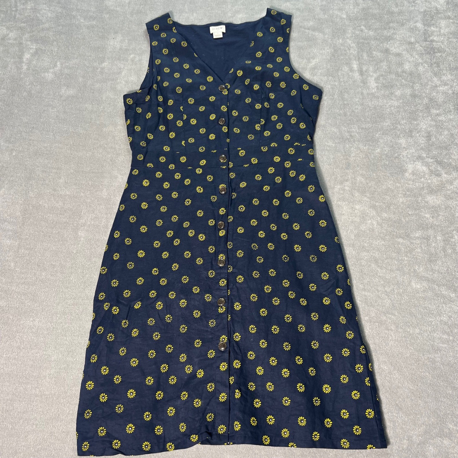 J.Crew Navy Blue Daisy sunflower Linen Cotton Button Front Midi Dress Womens 8