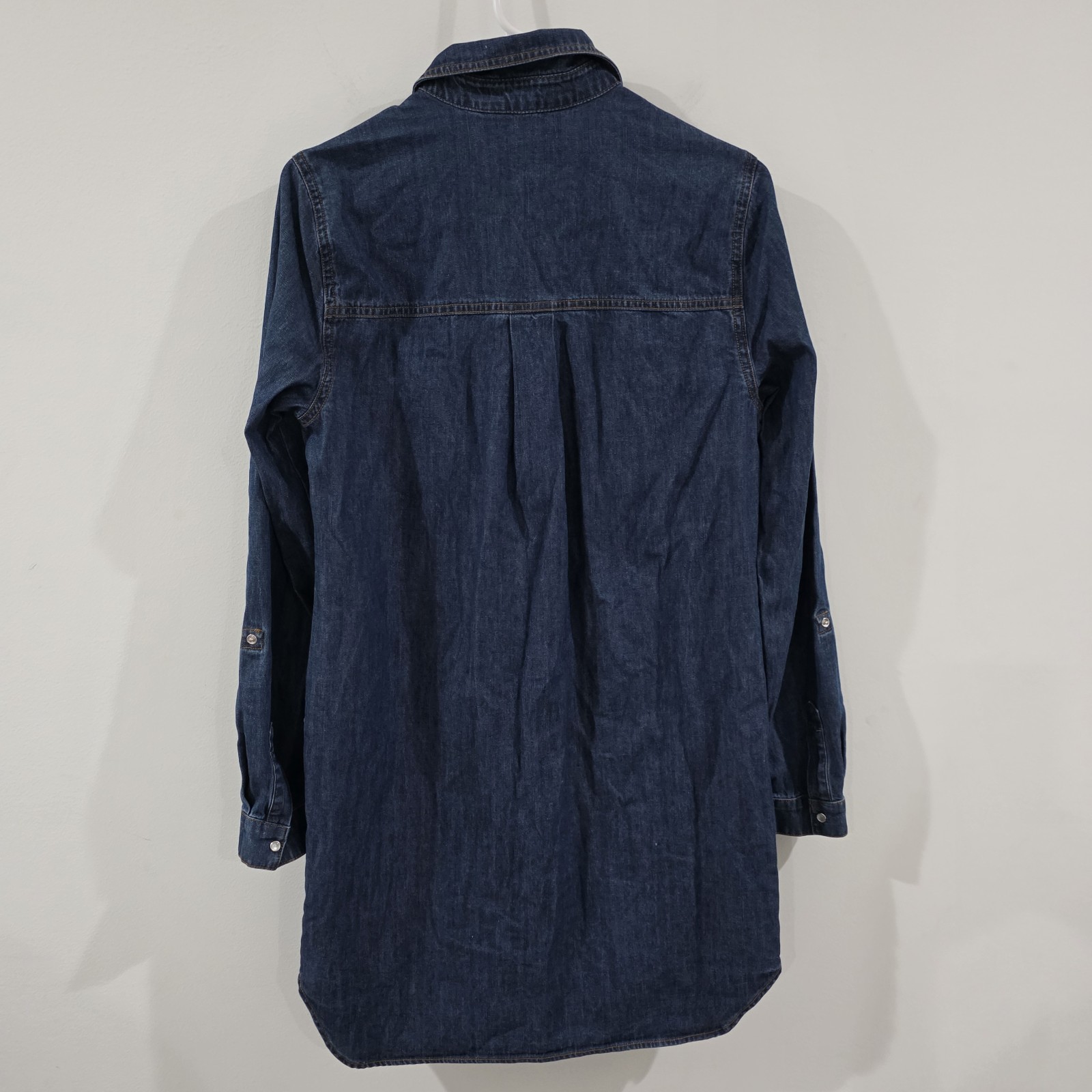 Womens Chambray Pearl Snap Mini Shirt Dress Size 10 Blue Cowgirl Roll Tab Sleeve