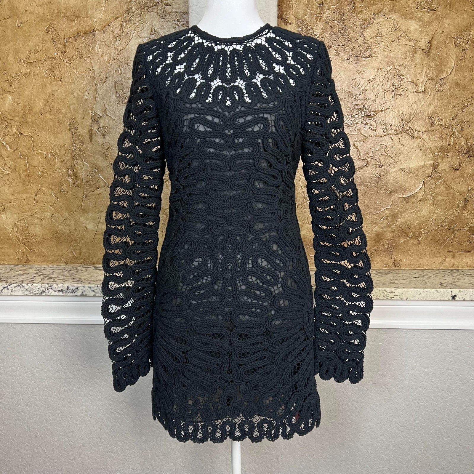 NWT Simkhai McCall Cage Dress Crochet Mini Dress Sz 4 Long Sleeve Black $845