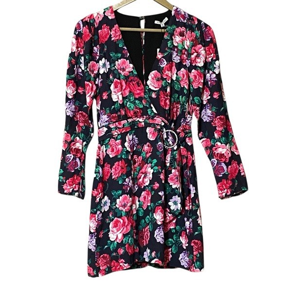 Ronny Kobo Edrea Mini Dress XS Black Floral Faux Wrap Open Back Rhinestone NWT