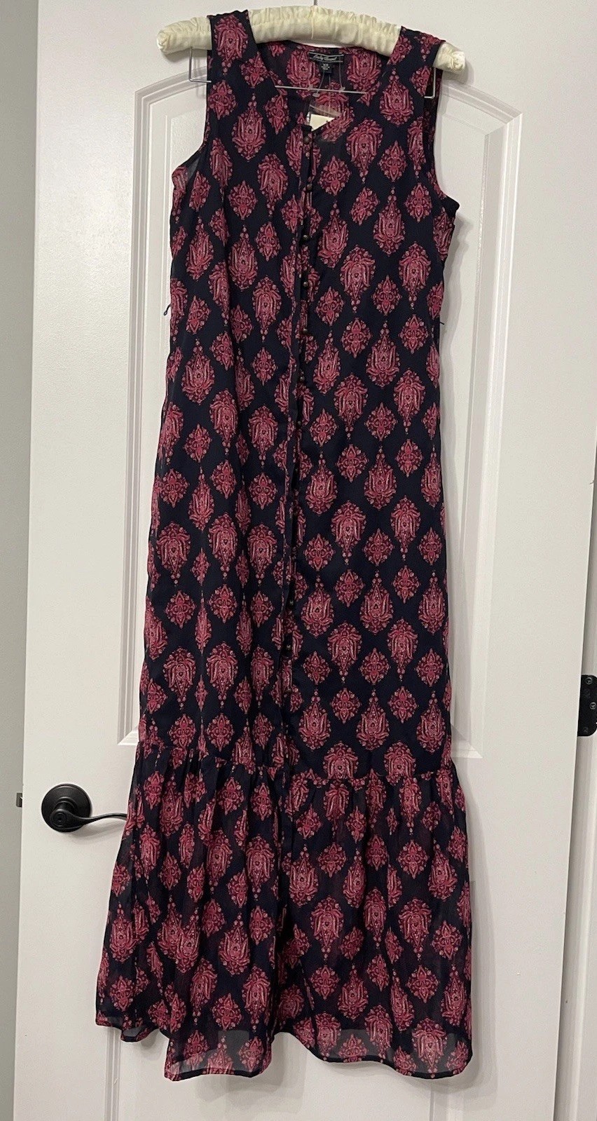 Lucky Brand Pink and Navy Printed Boho Maxi Dress NWT missing belt Boho