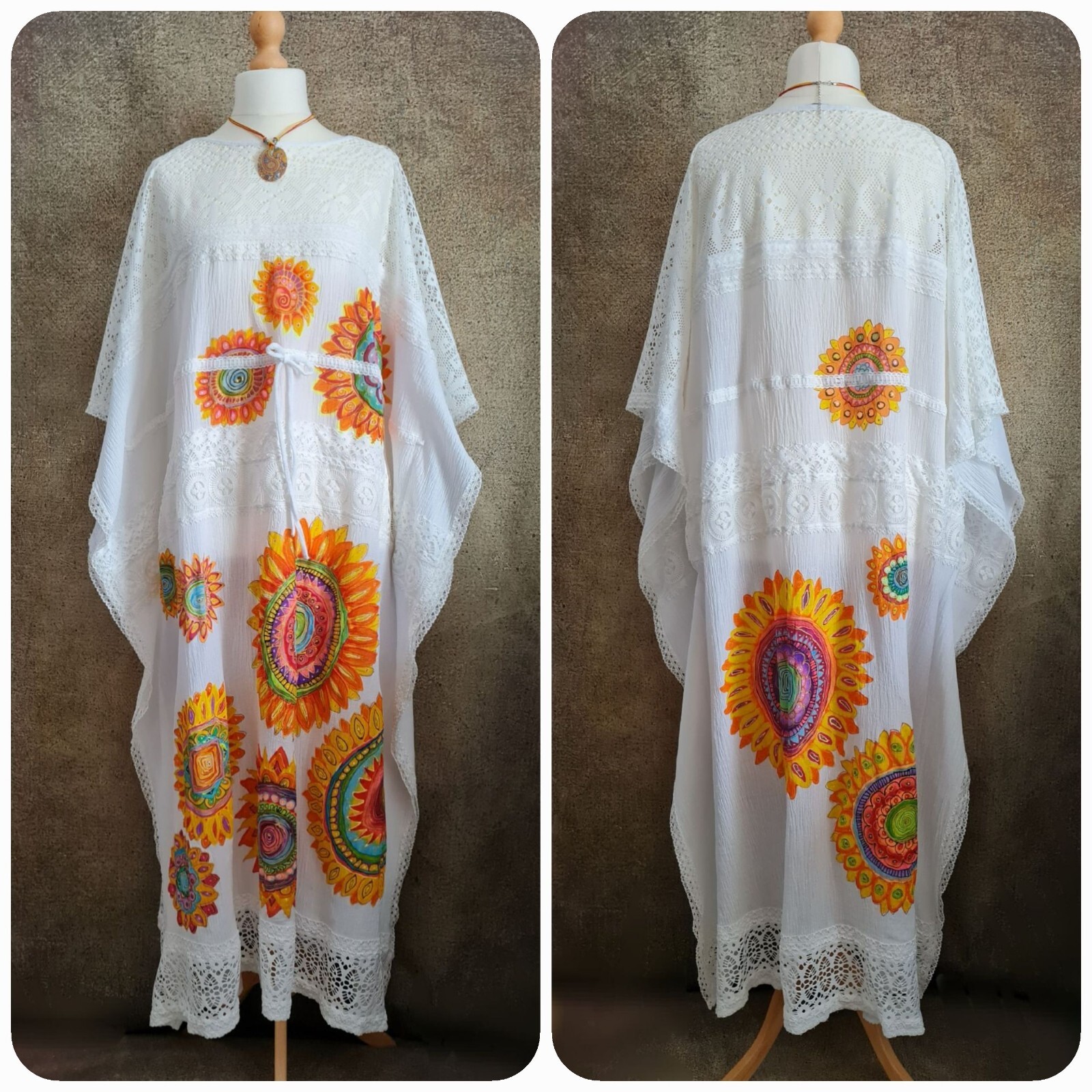 Bespoke Hand Painted Signed White Mandala Kaftan Party Holiday Beach Dress