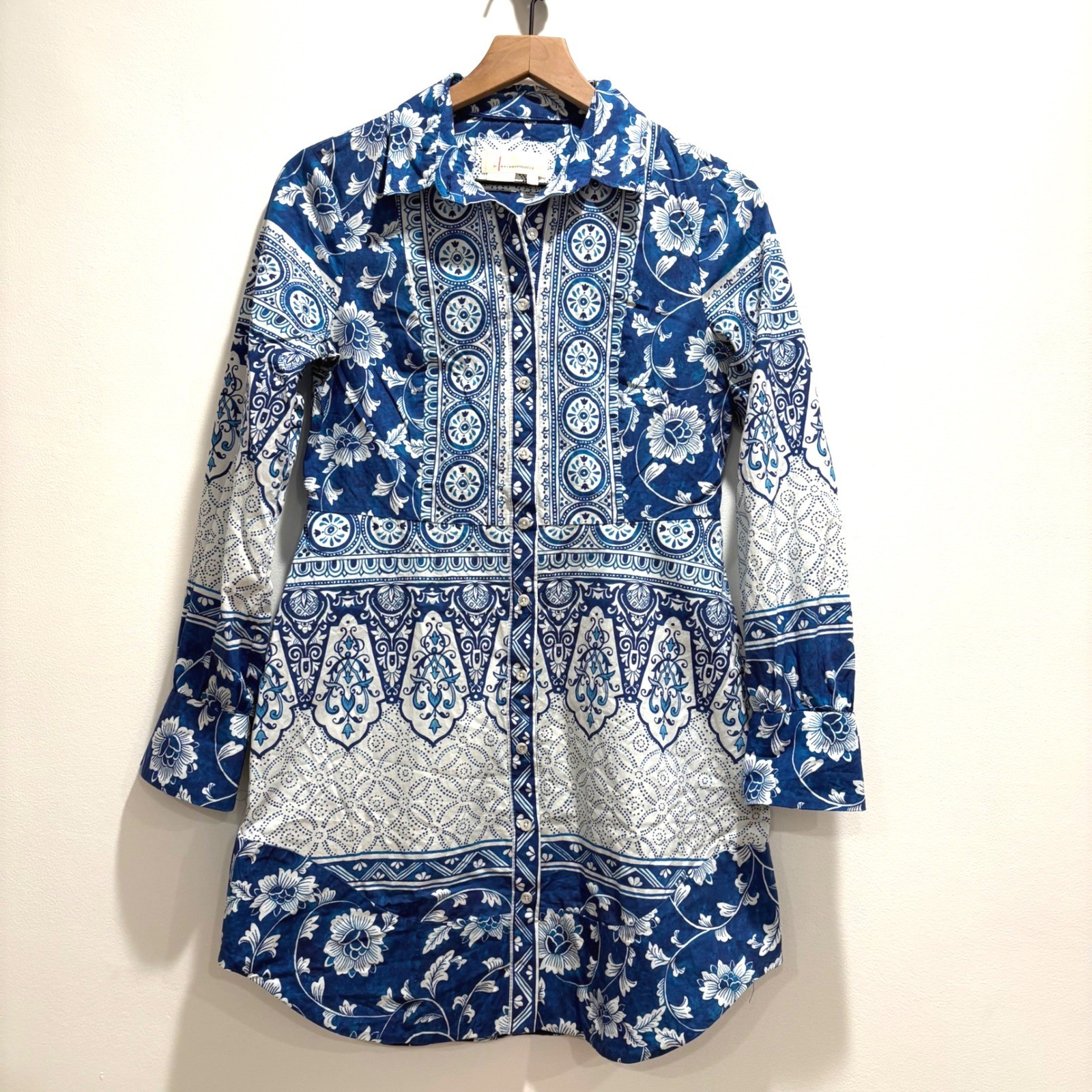 Anthropologie Shirt Dress Tunic Button Down Blue White Mediterranean Resort