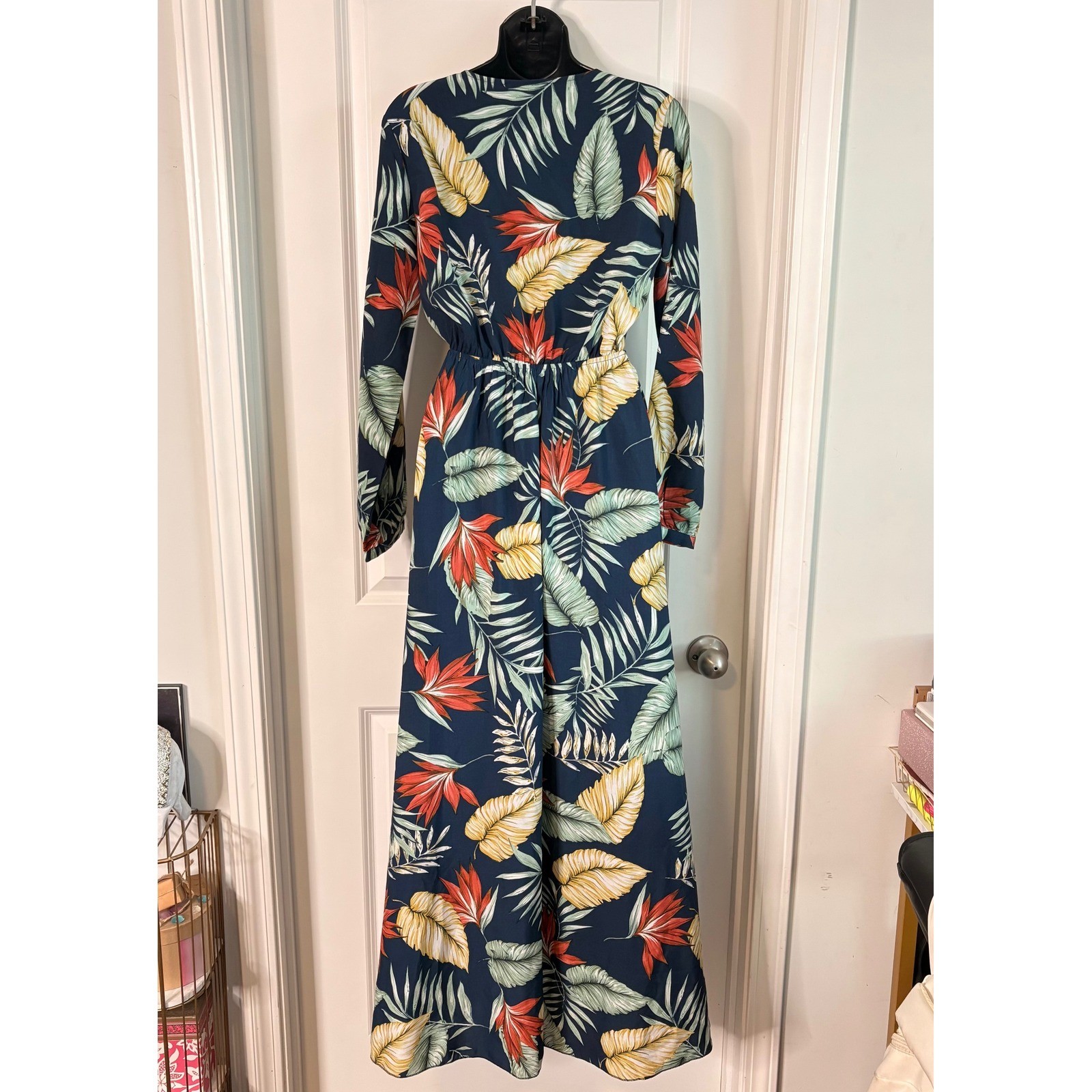 Aakaa Women’s Long Tropical Boho Hawaiian Floral Maxi Dress Nautical Leaf Small