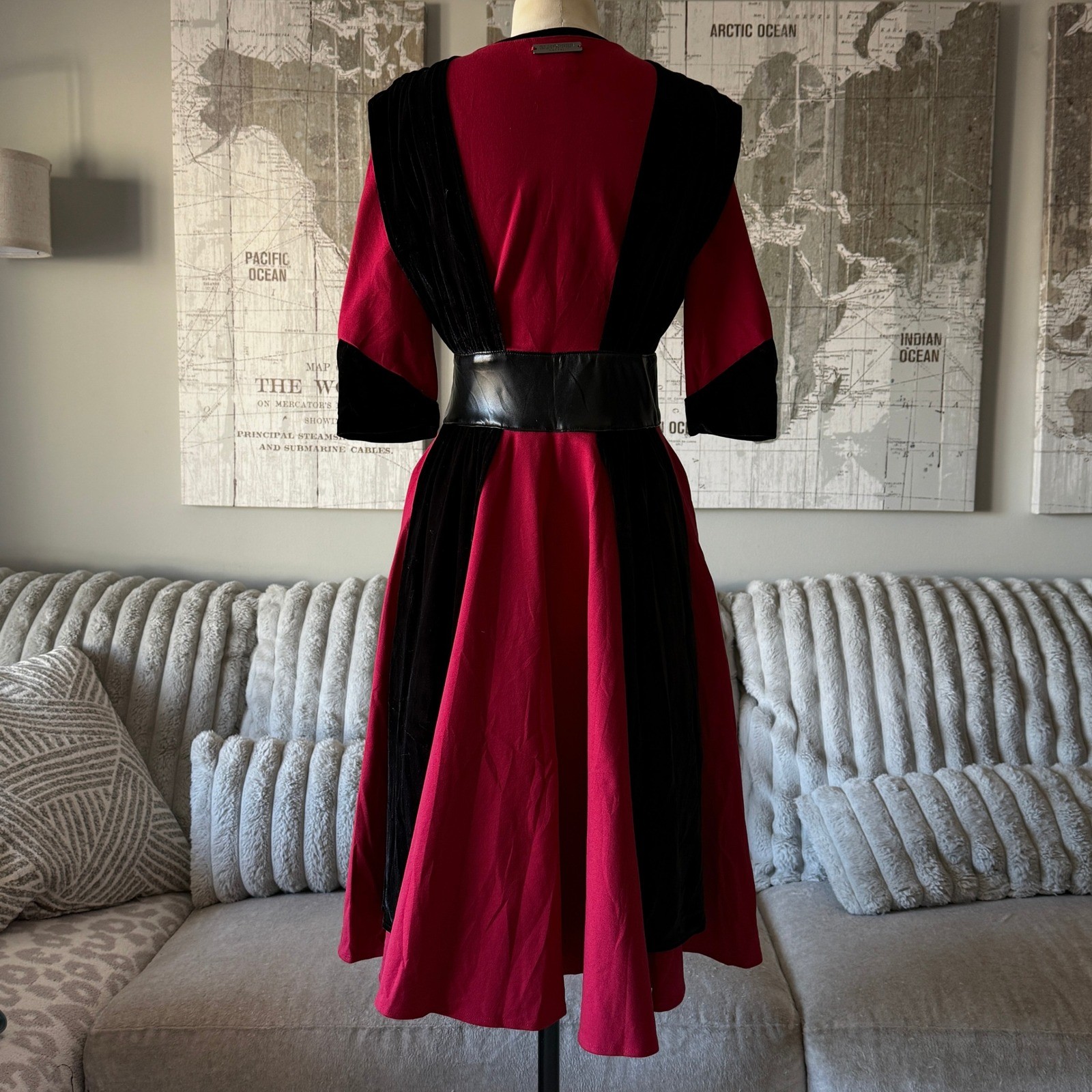 Elhoffer Design Galactic Empress Red Black Velvet Vinyl Midi Dress Womens Medium