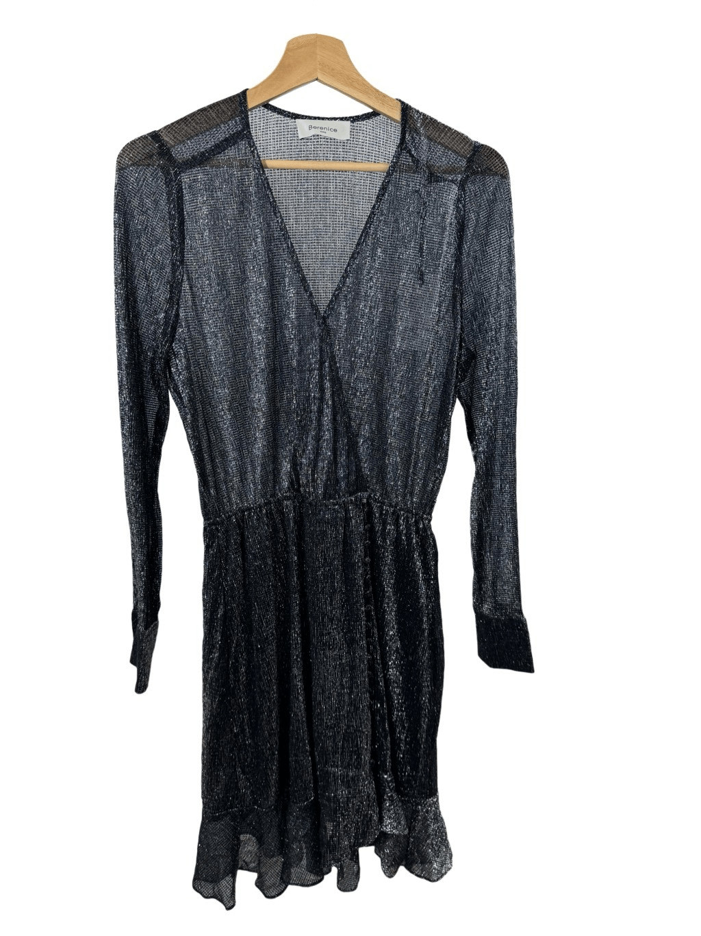 NWT Berenice Metallic Black Long Sleeve Mesh A-line Dress V-neck Ruffle Hem