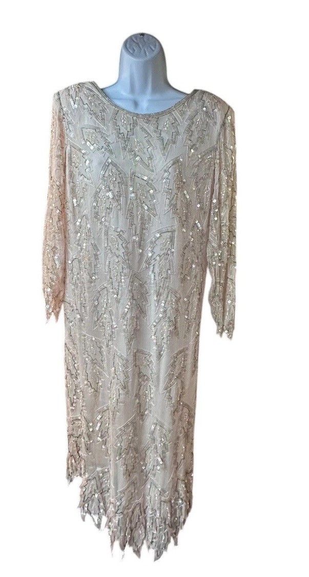 Scala Silk Beaded Sequin Shift Dress L Nude Pink Formal Cocktail Evening