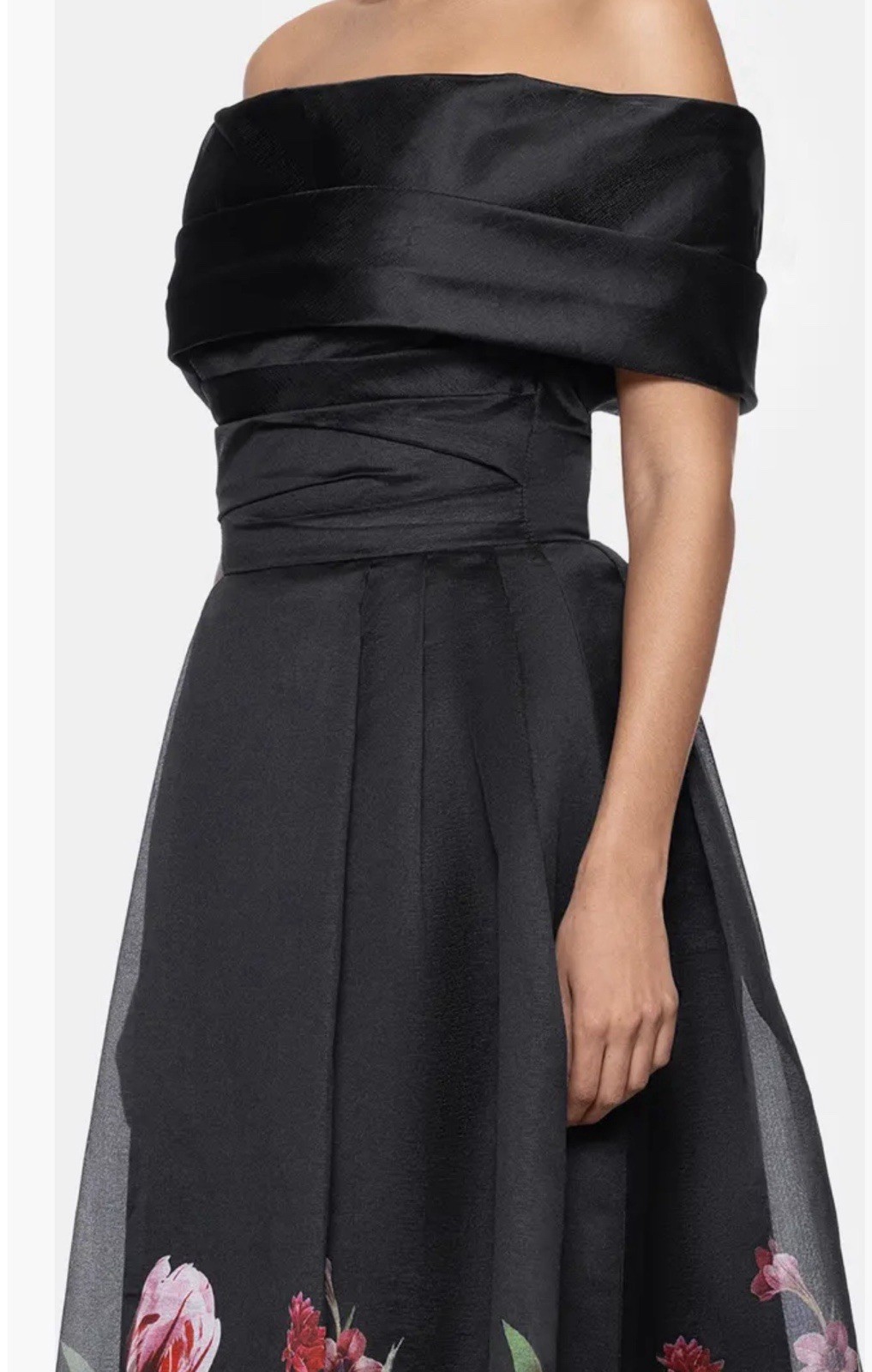 New Betsy & Adam Placed Floral Off the Shoulder Gown In Black/Red Size 4 $279