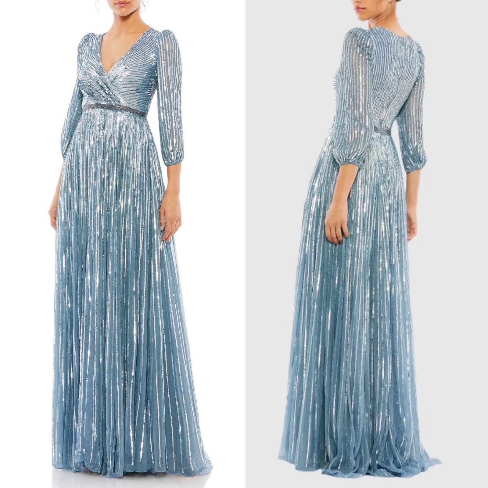 Mac Duggal Blue Sequined Embellished Wrap Over Gown Slate Blue 12 NWT 5509