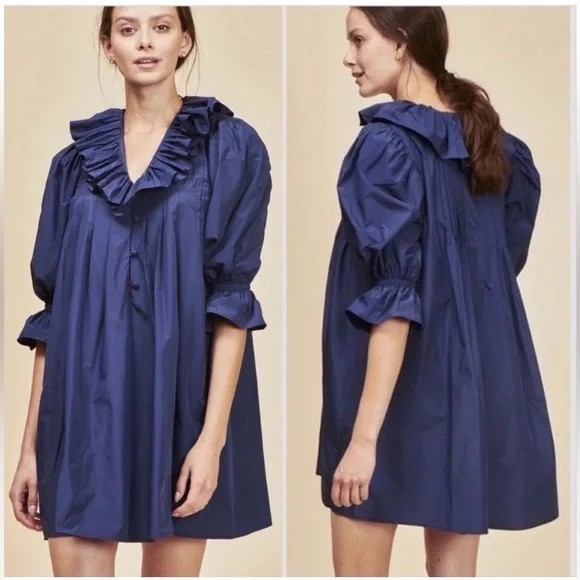 Hunter Bell Sullivan Ruffled Neck Puff Sleeve Mini Dress Navy SZ Small