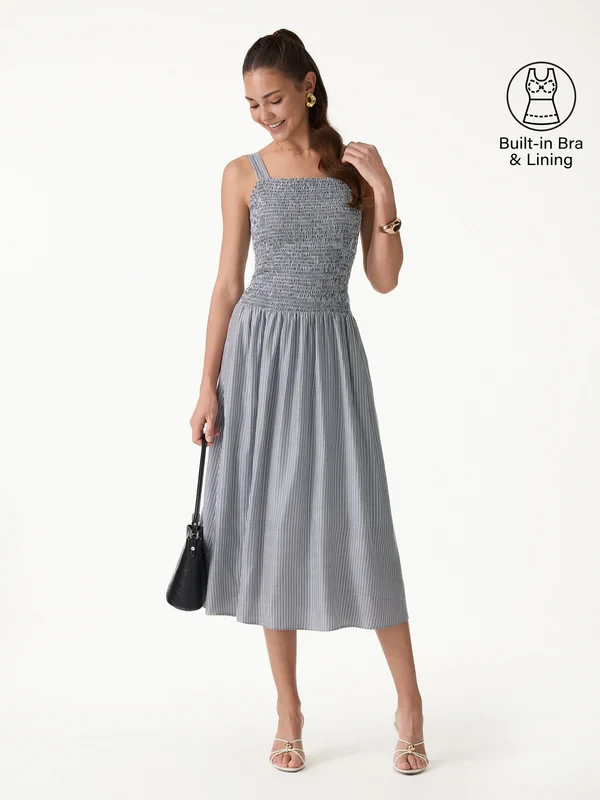 OGL Striped Poplin Square Neck Smocked Midi Bra Dress