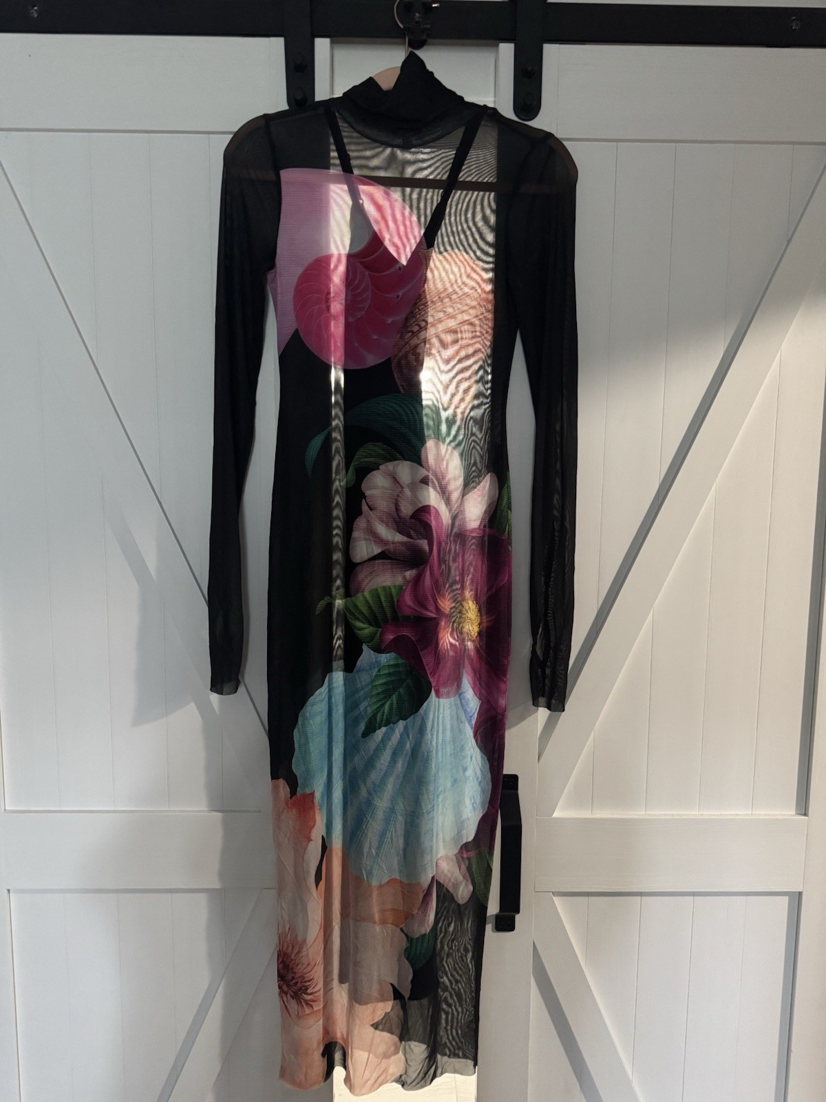 AFRM Shailene Dress Realism Rose Women’s S Black Mock Neck Sheer Midi Lined