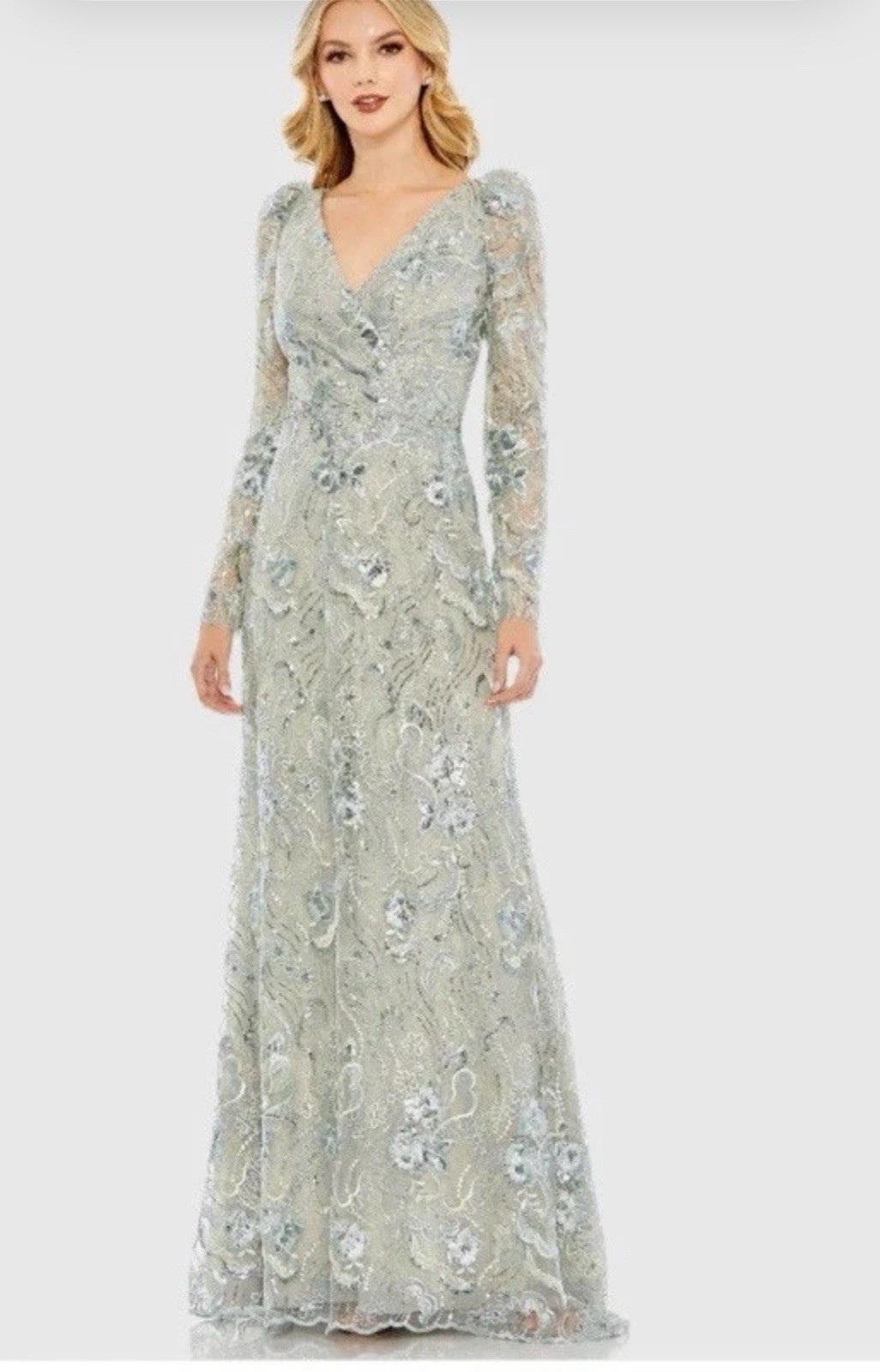 Mac Duggal Floral Embellished V-Neck Illusion Long Sleeve Gown 67539 Seamist 18