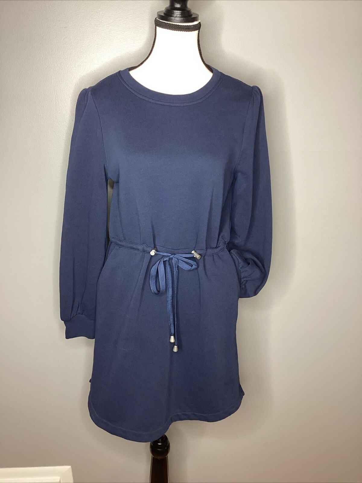 Betsey Boutique Shop Sweater Dress Solid Blue White Pockets Small Drawstring