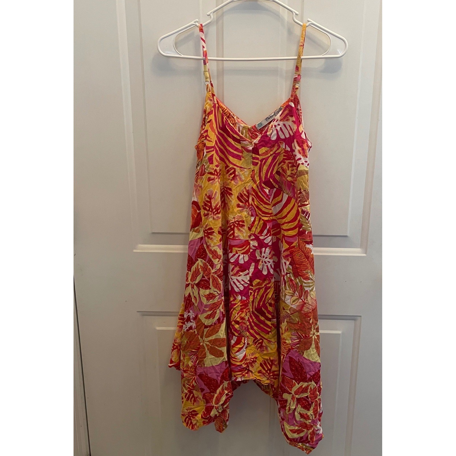 Paradise USA Tropical Leaf Sharkbite Hem Sundress Pink Orange Yellow Small