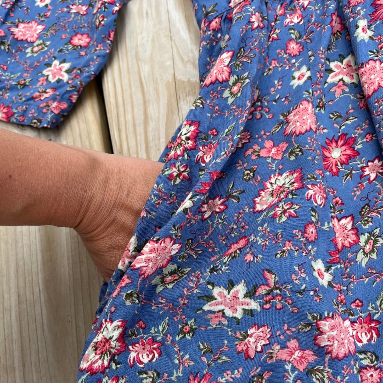 April Cornell X Modern Prairie Dress Blue Floral Midi Cottagecore Tie Waist Med