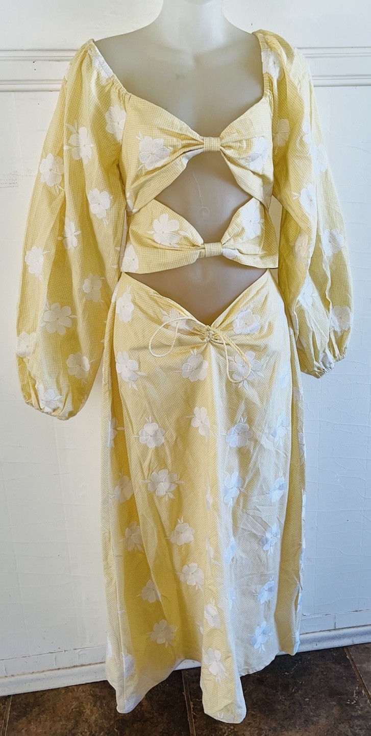 NWT SABO Jean-Maree Yellow Gingham Floral Cut Out Middle Midi Dress-Sz Large NEW