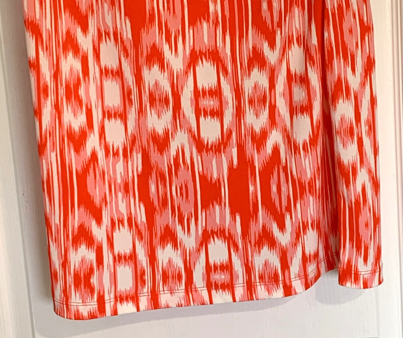 Lady’s Sz PM Orange & White Geo Wrap Look Dress by Jones New York V-Nk Cap Slv