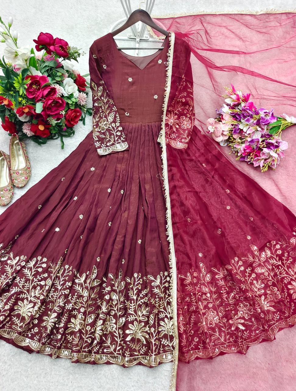 Presenting New Pure Vichitra Silk Maroon Gown With Dupatta For Ethnic Wear