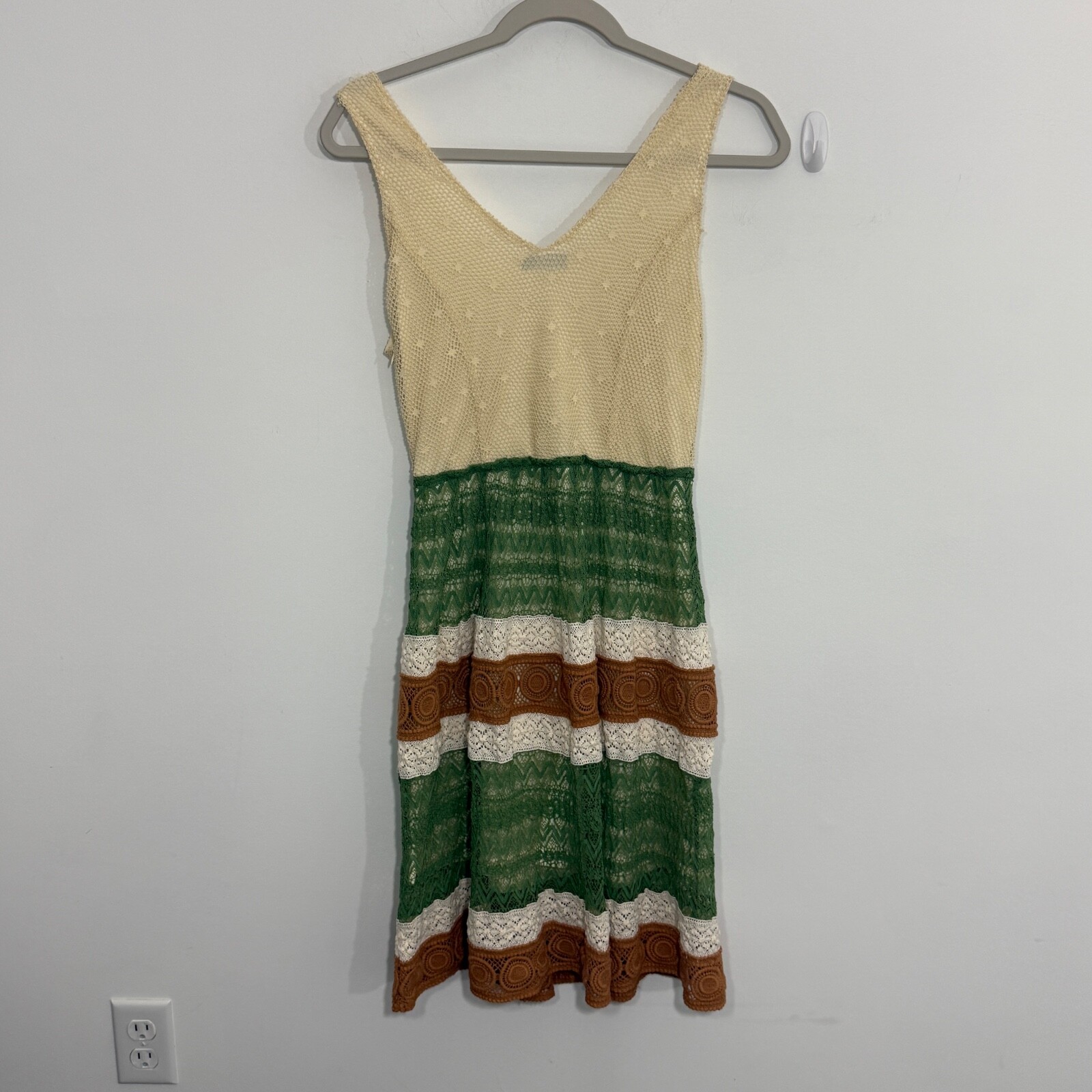 Ryu Womens Dress Small Cream Green Stripe Crochet Boho Hippie Festival Fairy