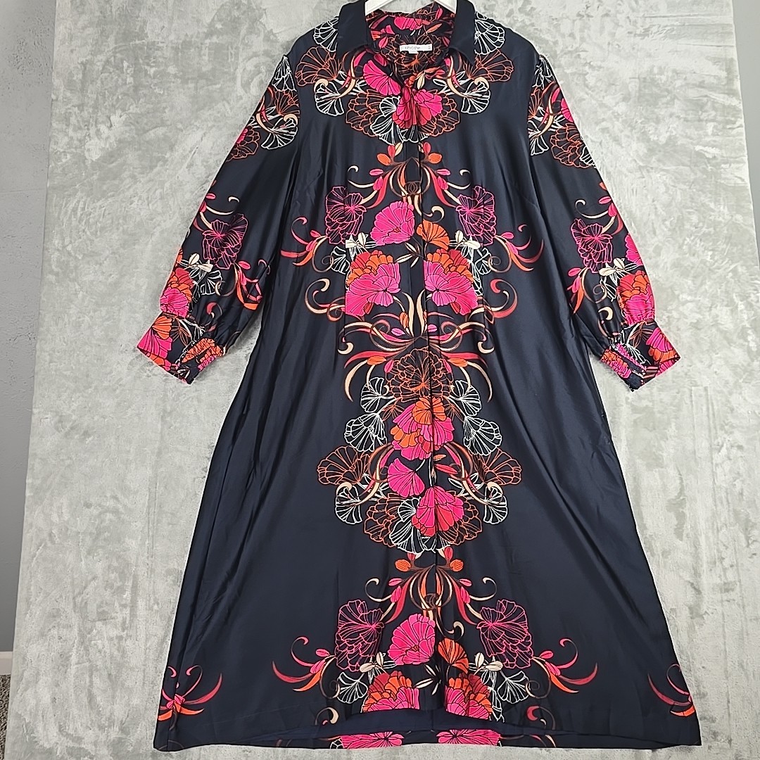 Chico’s Satin Floral Shirt Dress 4 US 20 Blue Pink Maximalist Artsy Boho
