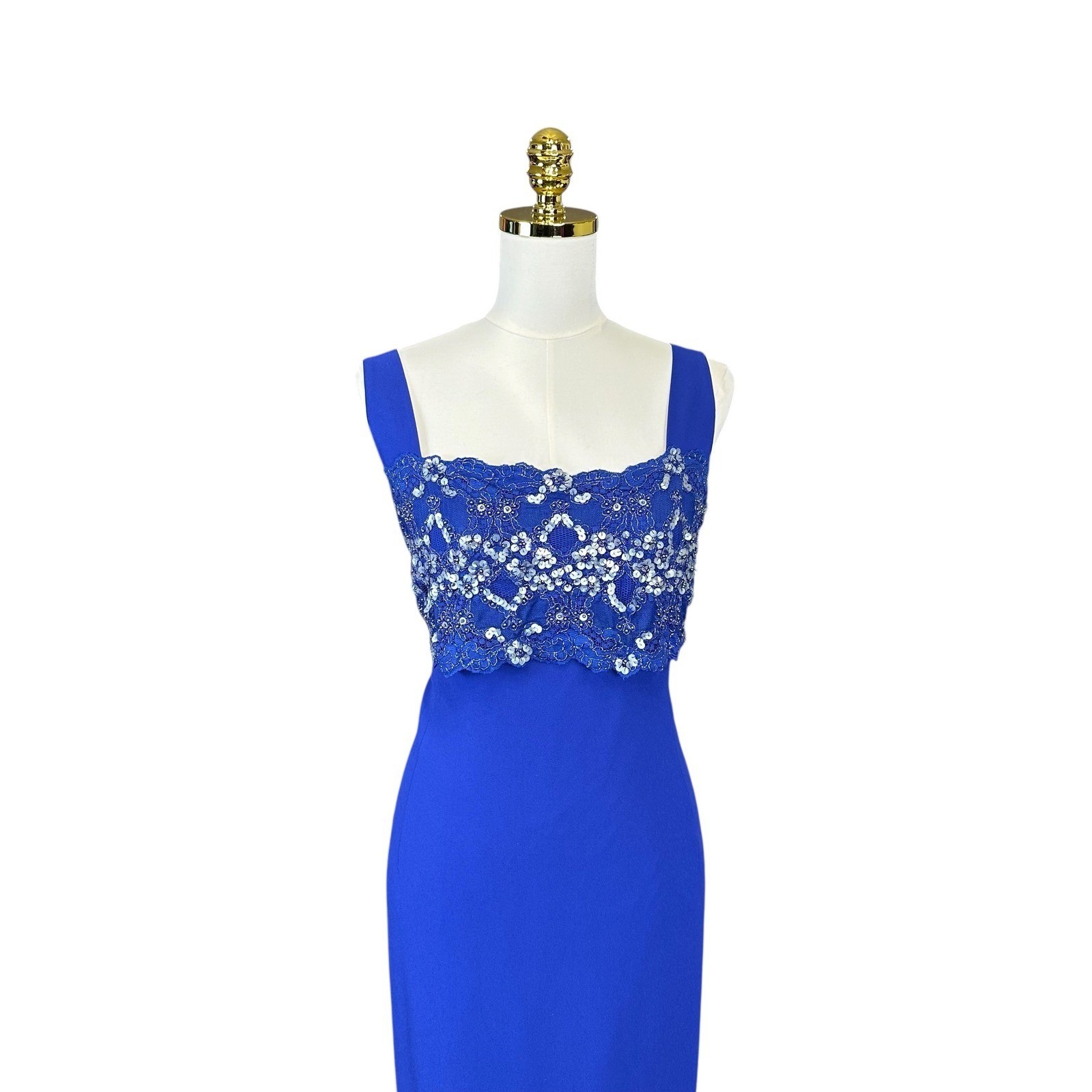 Royal Blue Column Evening Gown Sequined Lace Bodice Formal Maxi Dress Sleeveless