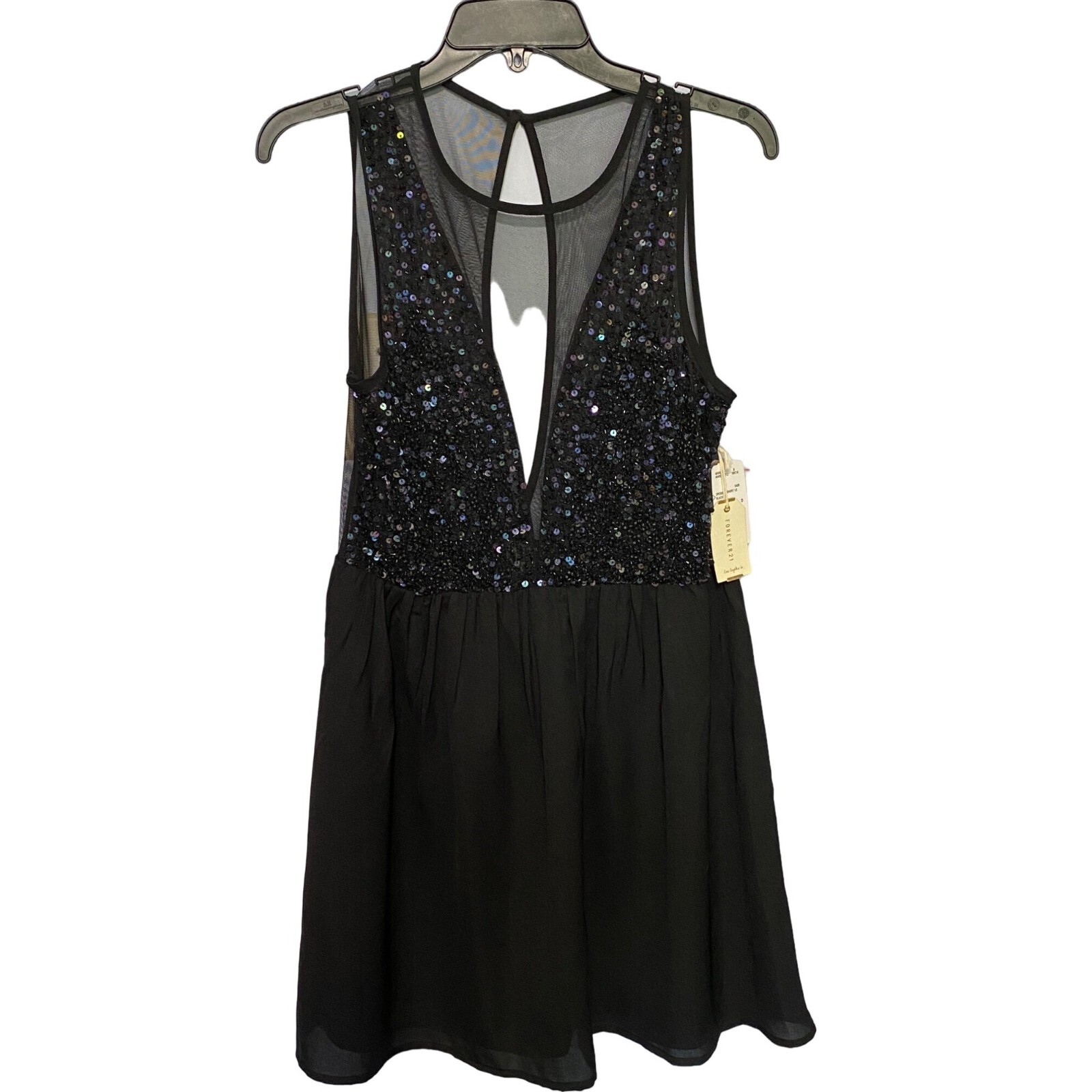 NWT Forever 21 Black Sequins Sheer Open Back Mini Cocktail Dress Size Medium