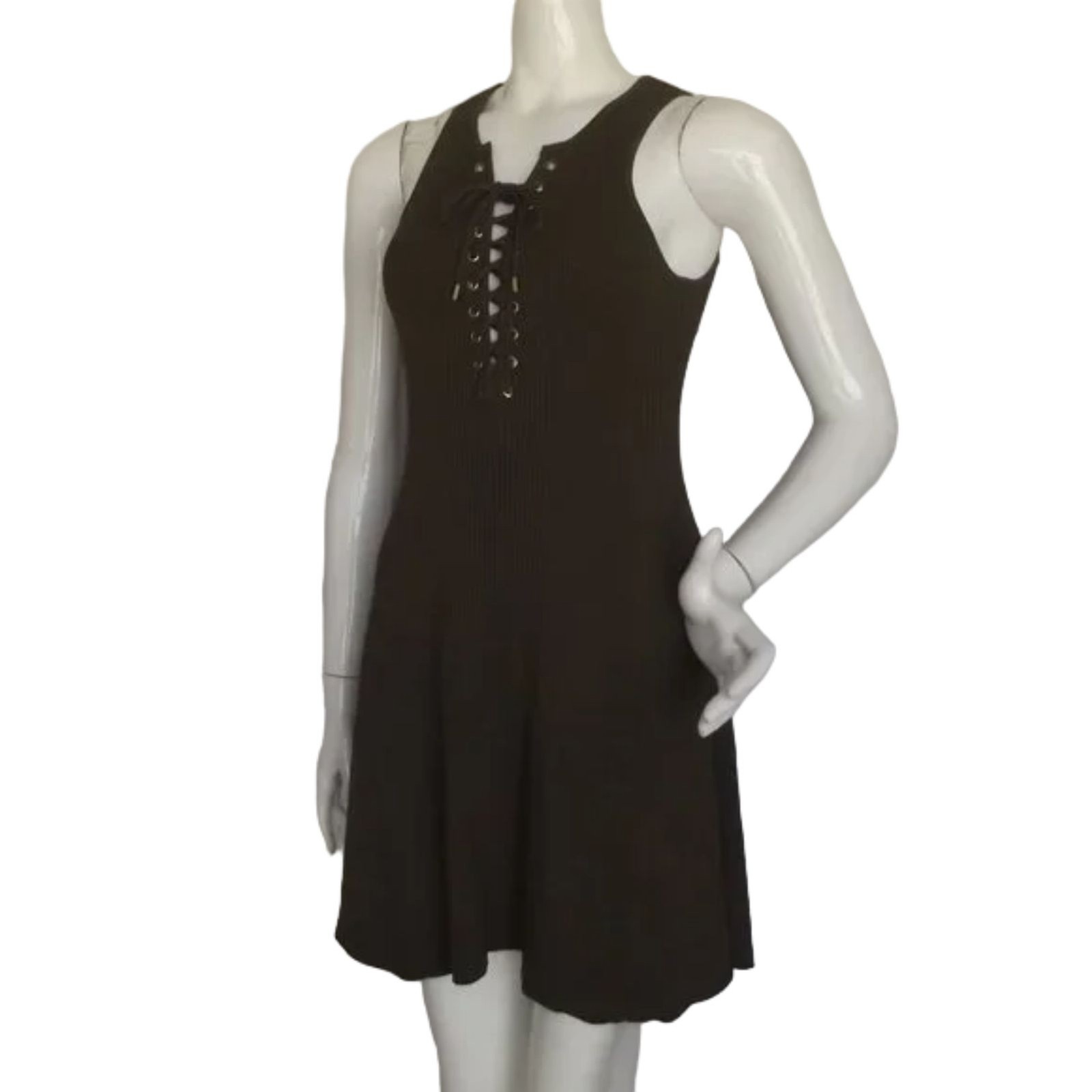 TORN BY RONNY KOBO Knit Dress, S, Olive Green, Ribbed/Textured, Lace-up neckline