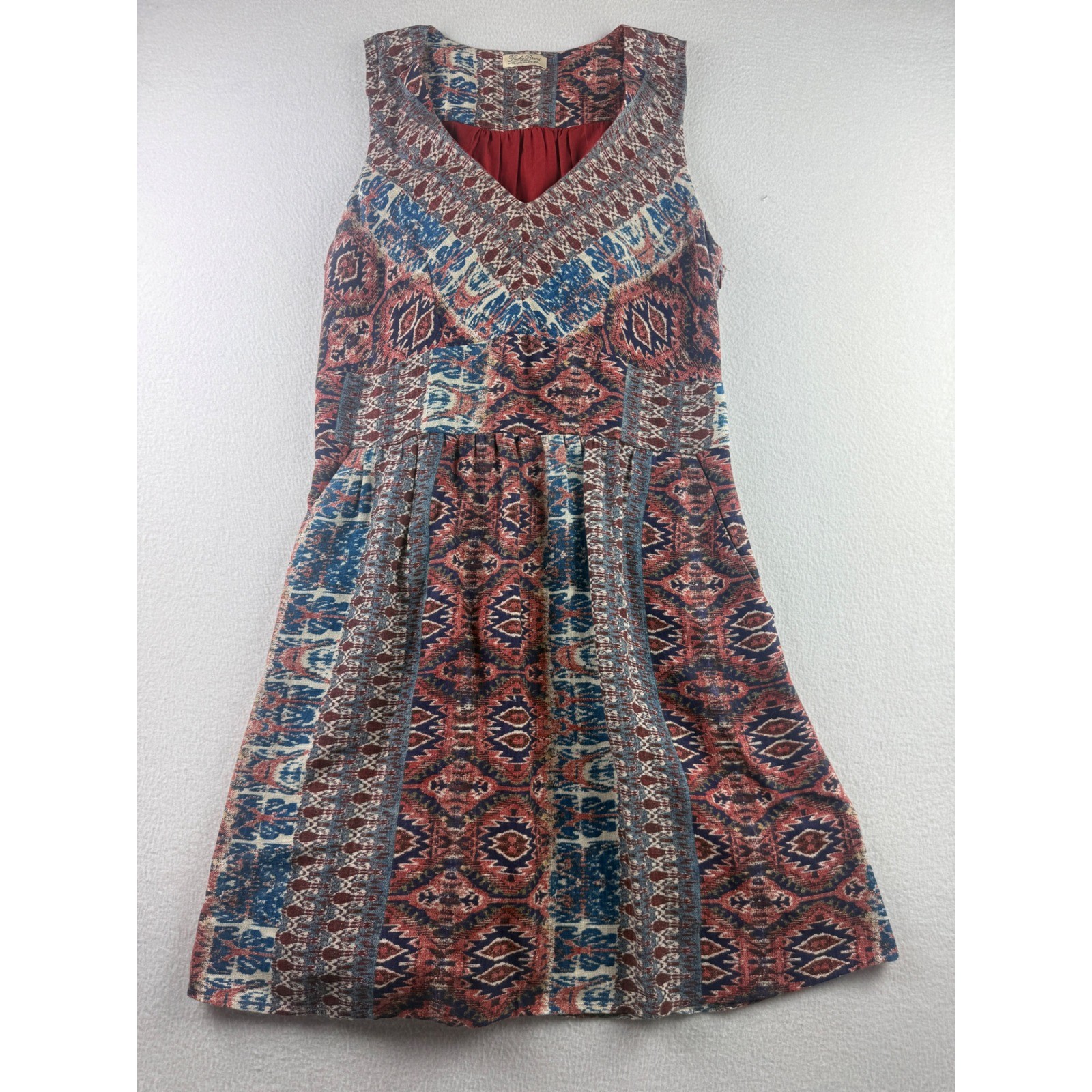 Lucky Brand Womens Southwestern Geometric Print V-Neck Sleeveless Mini Dress Red