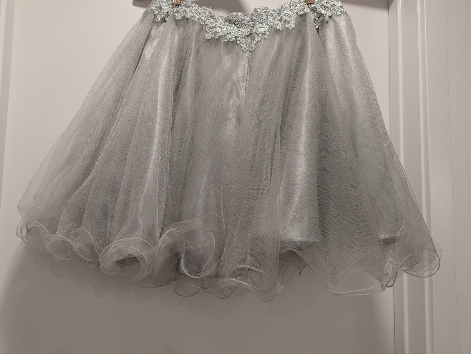 May Queen Size 12 Gray Beaded Embroidered Tulle V-Neck A-Line Knee Dress