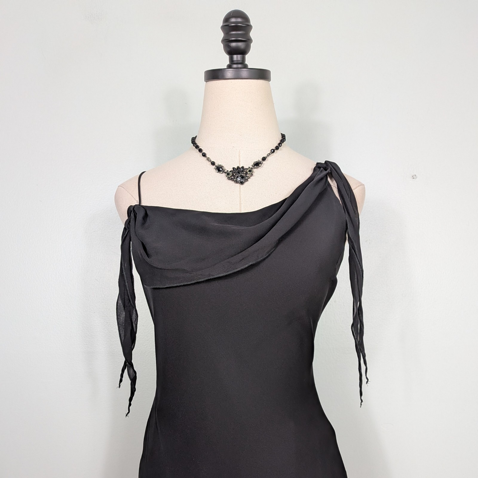 Vintage Silk Midi to Maxi Dress 8 Black Slip 90s Y2K Fairy Goth Guest Cocktail