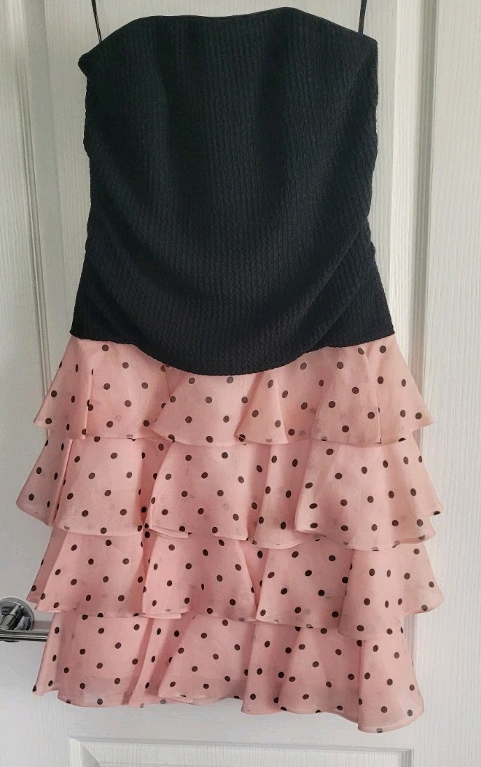 Vintage 80’s A.J. Bari Silk Strapless Party Dress Black/Pink Polka Dot Size 6