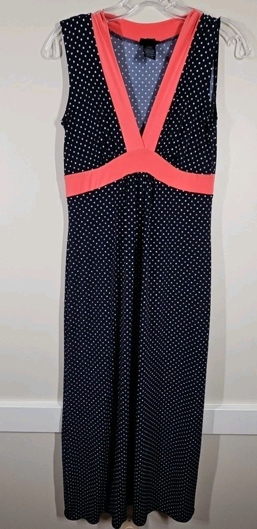 Enfocus Studio Size 8 Maxi Dress Sleeveless Navy Blue With White Polka Dots