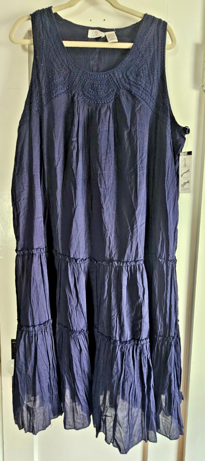 NWT OSO CASUALS cotton navy blue Embroiered tiered crinke dress 2X light weight