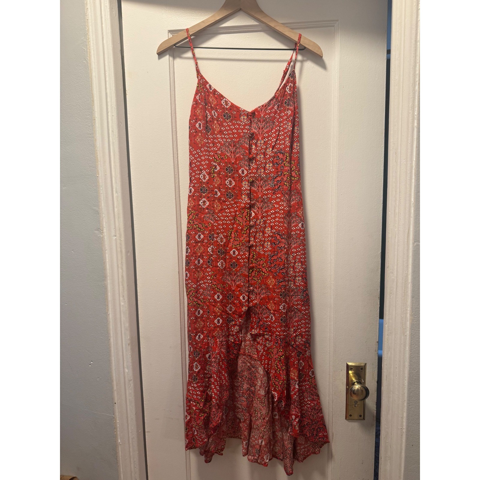 Abel the Label Red Boho Floral High Low Maxi Dress Womens Medium Cutout Back