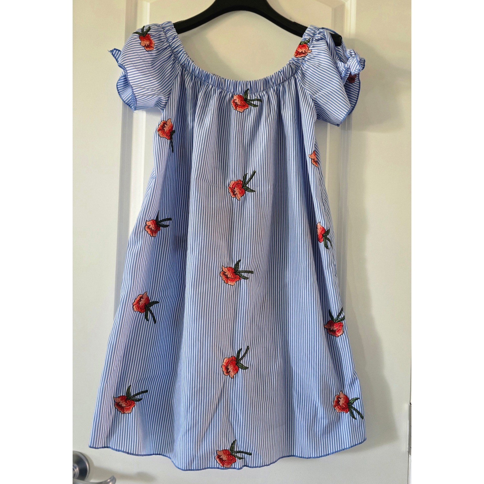 Miley + Molly Blue White Striped Floral Embroidered Off Shoulder Dress L1732D S